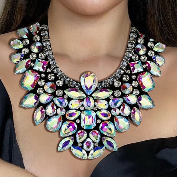 Crystal rhinestone iridescent hologram necklace festival rave concert cocktail